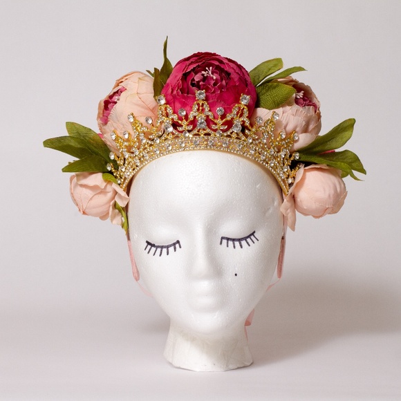 Hand Crafted Accessories - Handmade Pink Flower Rhinestone Gold Crown
